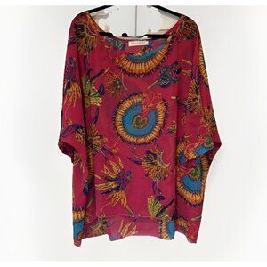 ALLEGRA K Womens Kimono Tunic XL Chiffon Tribal Pink Feathers Headdress Festival